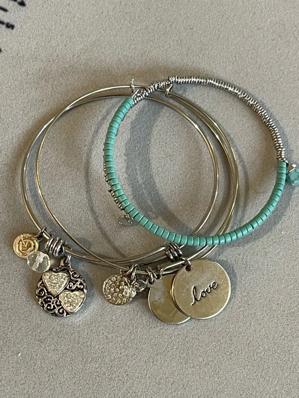 Turquoise Beaded Silver-Tone Charm Bangle Set - Daughter/Friendship